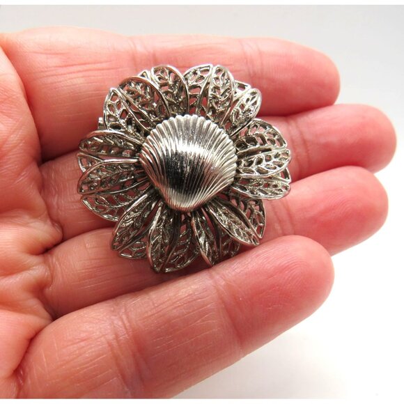 Vintage Flower Brooch Silver Tone Shell Center Filigree Stacked Petals Pin - Picture 1 of 9